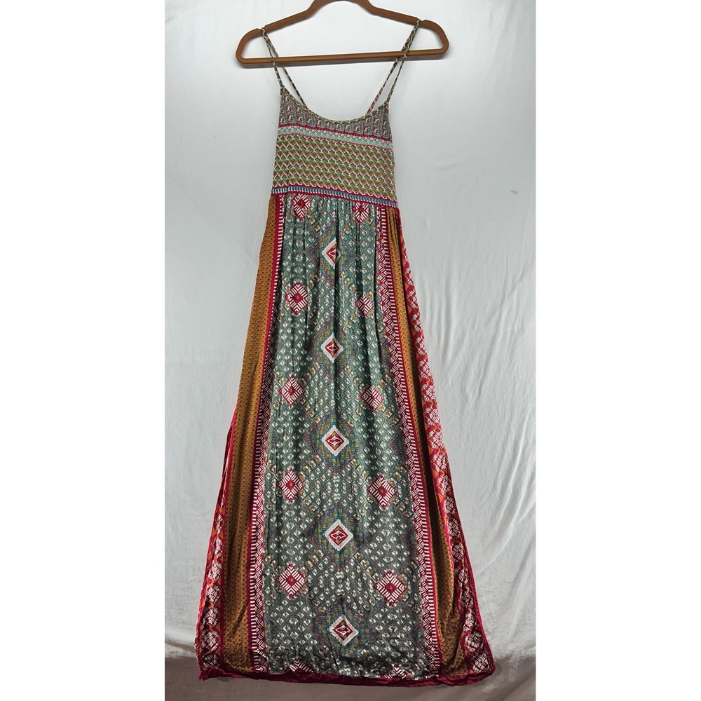 Angie Boho Mixed Print Maxi Dress Red Green Geometric Tie Back Rayon Medium